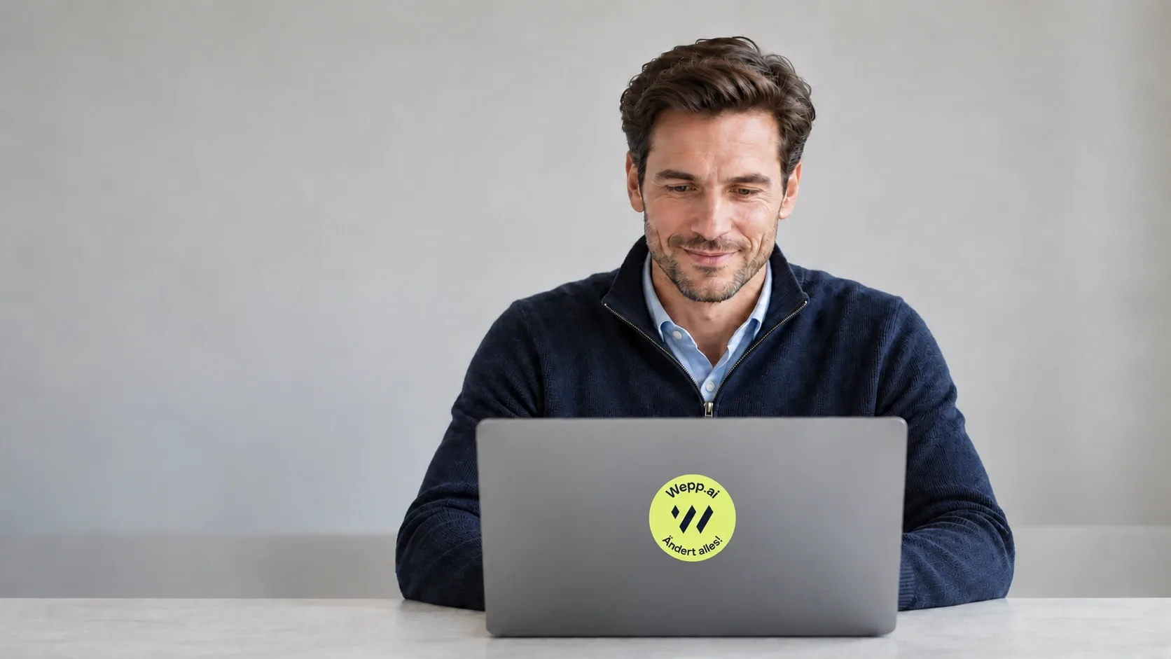 Ein Mann sitzt entspannt am Laptop mit rundem Wepp.ai-Aufkleber