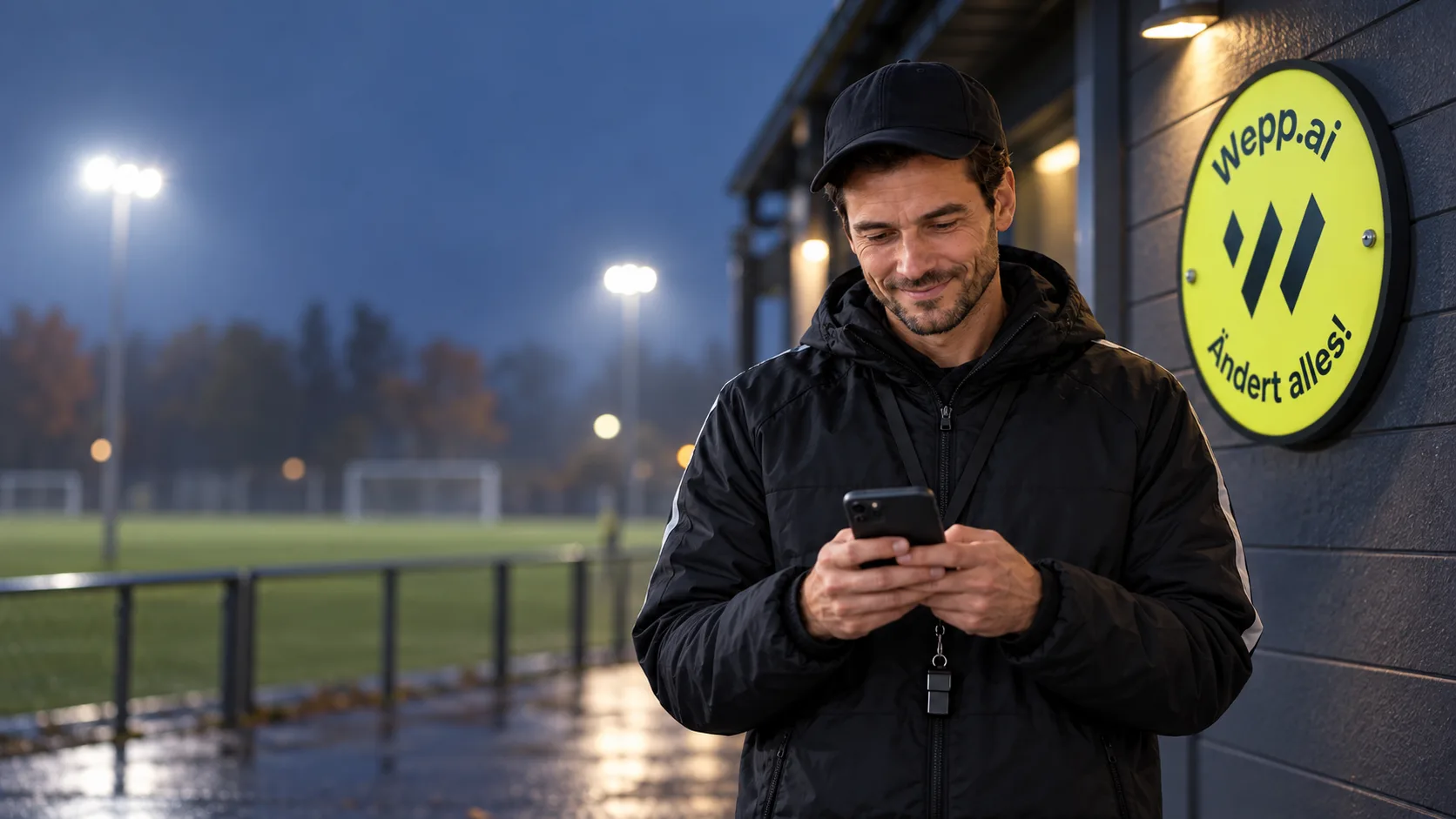 Fußball-Coach vor dem Vereinsheim mit Wepp.ai-Emblem